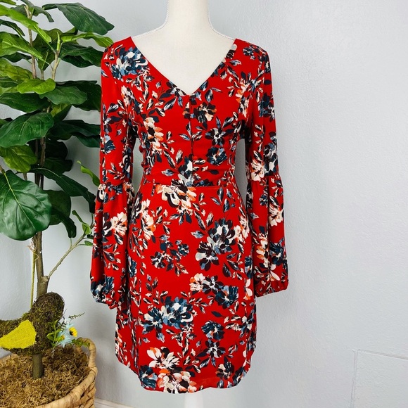 JACK by BB DAKOTA BLUE FLORAL LONG BELL SKEEVE BUTTON DOWN DRESS - Picture 1 of 7